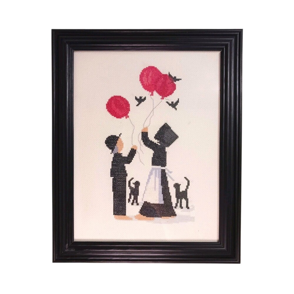 Vtg Diane Graebner Completed Cross Stitch Framed Balloon Play Amish Cottagecore